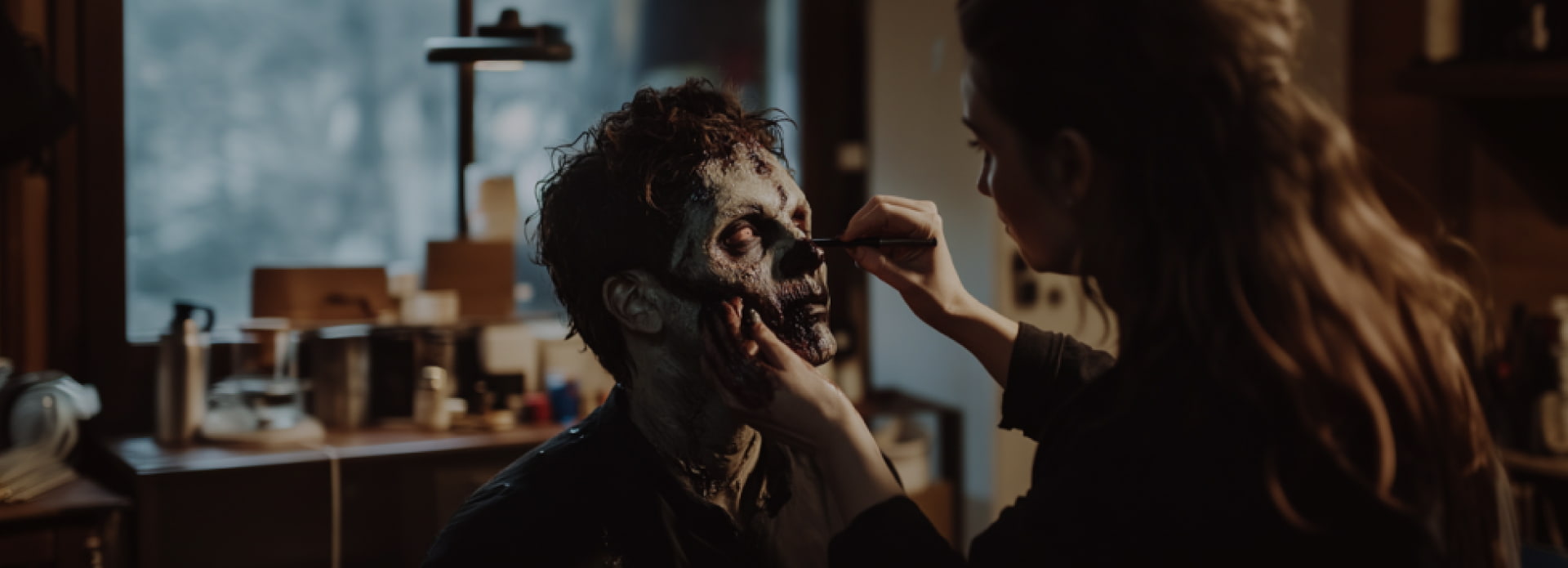 persona elaborando un maquillaje de zombie en el rostro de otra