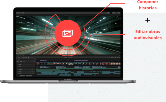 ordenador portátil abierto mostrando líneas de tiempo y pistas de audio y vídeo en software de edición y texto informativo sobre el curso