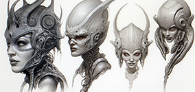 Serie de ilustraciones en tonos blanco y negro representando a cuatro personajes con cascos y rasgos futuristas