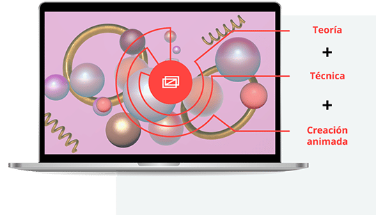 Ordenador portátil con imágenes en tonos rosas en su pantalla y texto informativo sobre el Curso de Motion Graphics