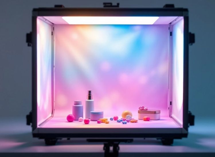 Cosméticos dentro de una caja de luz para fotografía